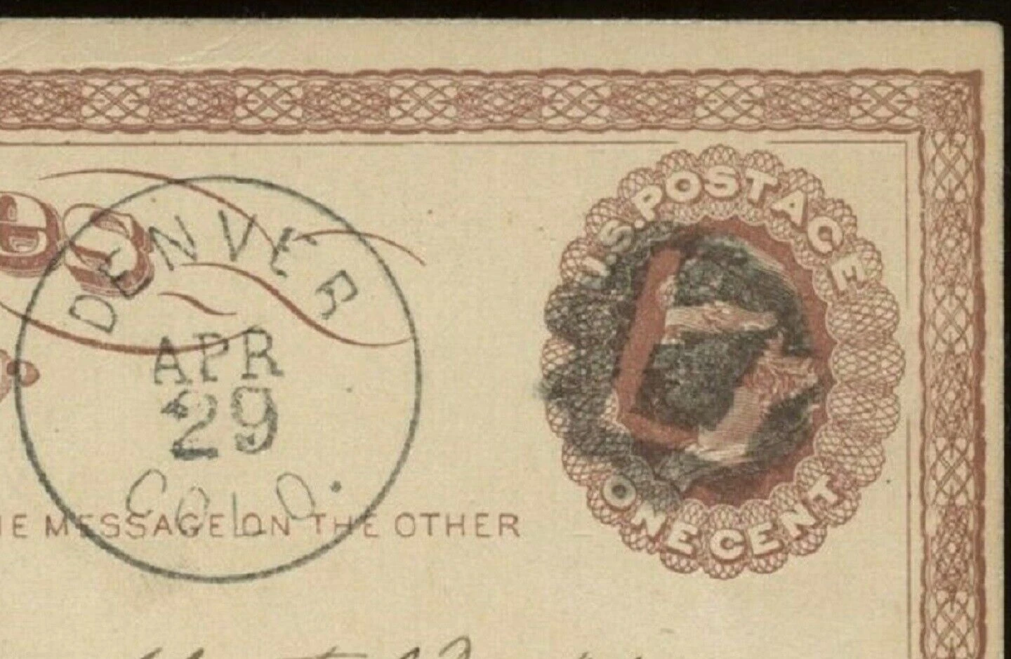 1870s U.S. postal card (Scott UX3) with a square-and-compass fancy cancel, postmarked Denver, Colo., Apr 29, addressed to Hurlbut Bros., Cheyenne, Wyoming Territory, with a handwritten 1876 message on the reverse.